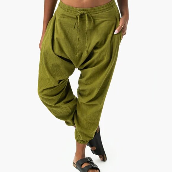 Buddha Pants Womens Elastic Waist Drawcord Tapered Savannah Harem Pants Green - Picture 1 of 4